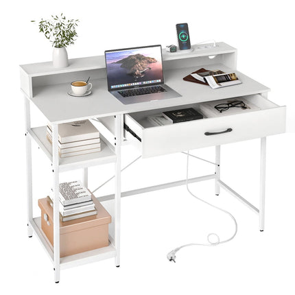 Computer Desk with Power Outlets, Drawer & Shelves, White