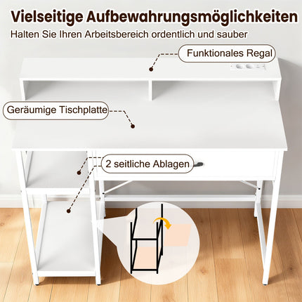 Computer Desk with Power Outlets, Drawer & Shelves, White
