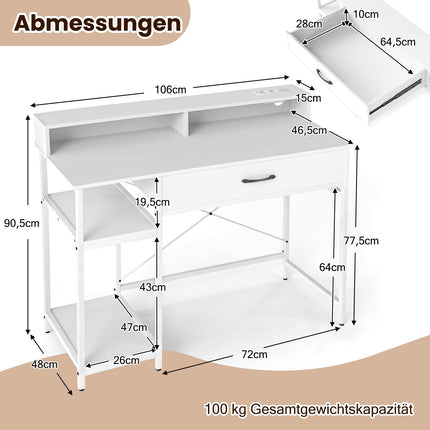 Computer Desk with Power Outlets, Drawer & Shelves, White