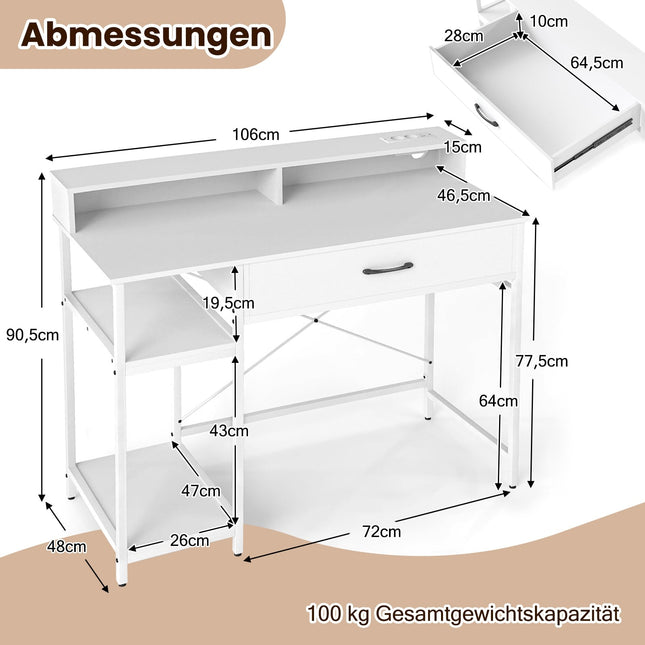 Computer Desk with Power Outlets, Drawer & Shelves, White