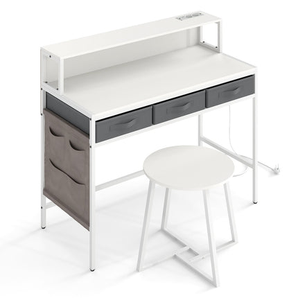 Computer Desk with Power Outlets, Monitor Stand, Stool Set