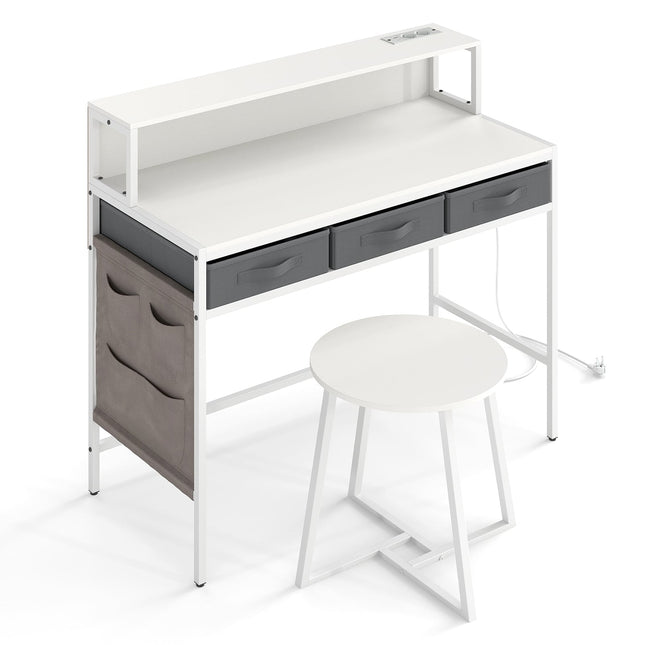 Computer Desk with Power Outlets, Monitor Stand, Stool Set