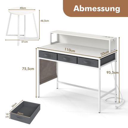 Computer Desk with Power Outlets, Monitor Stand, Stool Set