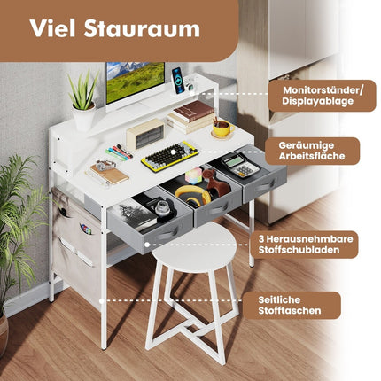 Computer Desk with Power Outlets, Monitor Stand, Stool Set