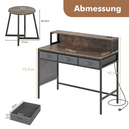 Computer Desk with Power Outlets and Stool Set – Rustic Brown