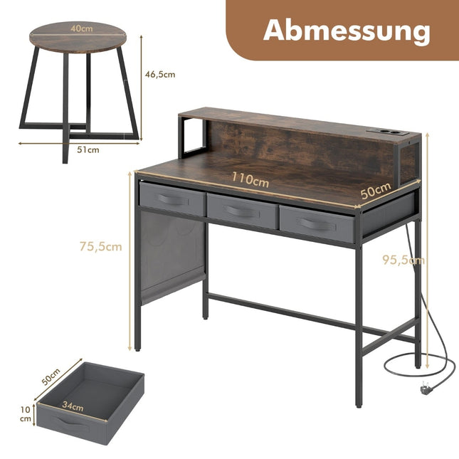 Computer Desk with Power Outlets and Stool Set – Rustic Brown