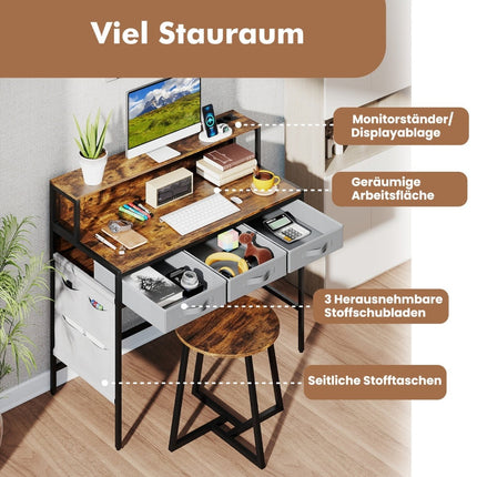 Computer Desk with Power Outlets and Stool Set – Rustic Brown