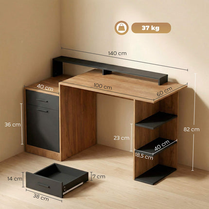 Computer Desk with Storage and Shelves, 140 cm Oak
