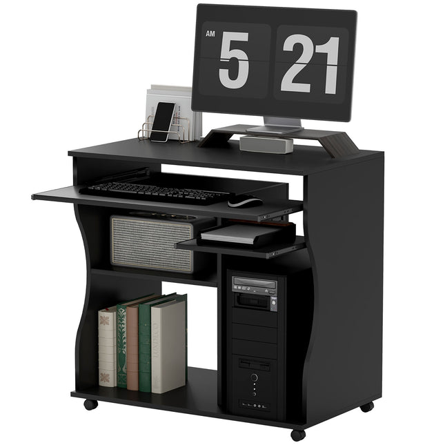 Mobile computer desk with keyboard shelf, black 80x48x75 cm