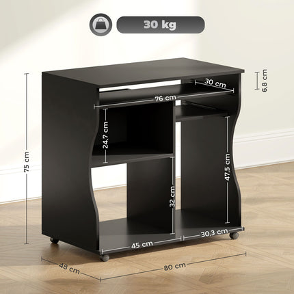 Mobile computer desk with keyboard shelf, black 80x48x75 cm
