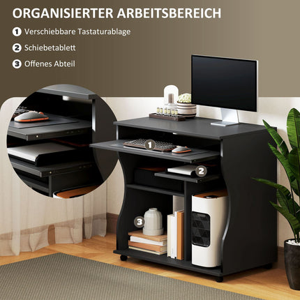 Mobile computer desk with keyboard shelf, black 80x48x75 cm