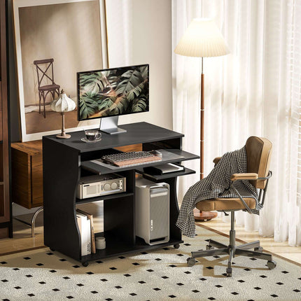Mobile computer desk with keyboard shelf, black 80x48x75 cm