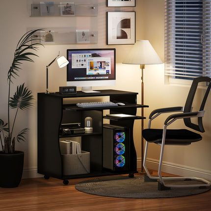 Mobile computer desk with keyboard shelf, black 80x48x75 cm