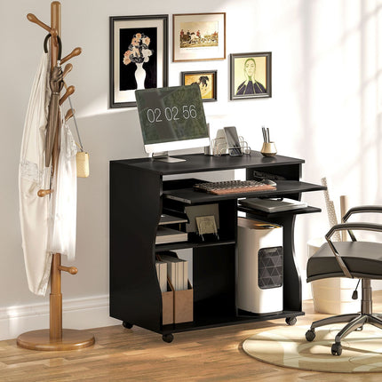 Mobile computer desk with keyboard shelf, black 80x48x75 cm