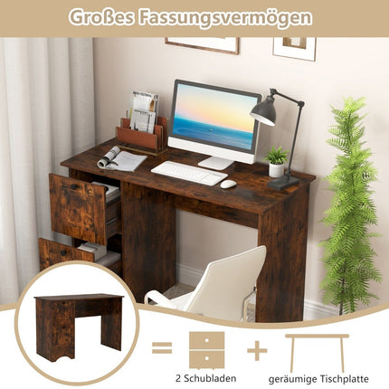 Computer table with 2 drawers, desk, robust gaming table, dressing table, laptop table, brown