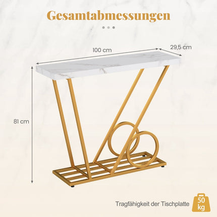 Console Table 100cm, Marble-Look, White, Metal Frame