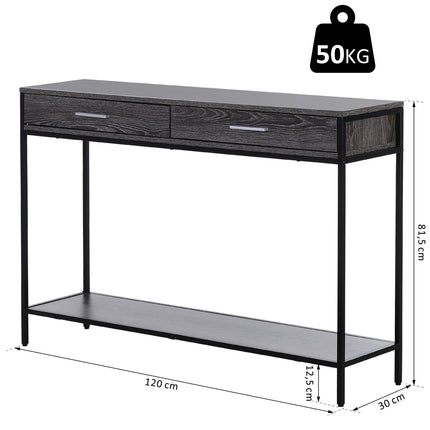Steel console table with drawers and shelf, 120 x 30 x 81.5 cm