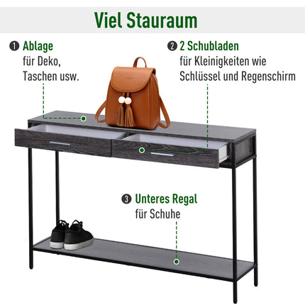 Steel console table with drawers and shelf, 120 x 30 x 81.5 cm
