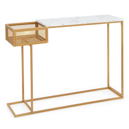 Console Table, Faux Marble Top, Storage Basket, Gold Frame