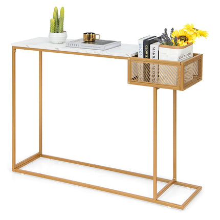 Console Table, Faux Marble Top, Storage Basket, Gold Frame