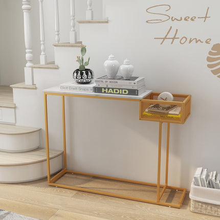 Console Table, Faux Marble Top, Storage Basket, Gold Frame