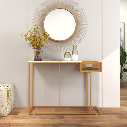 Console Table, Faux Marble Top, Storage Basket, Gold Frame