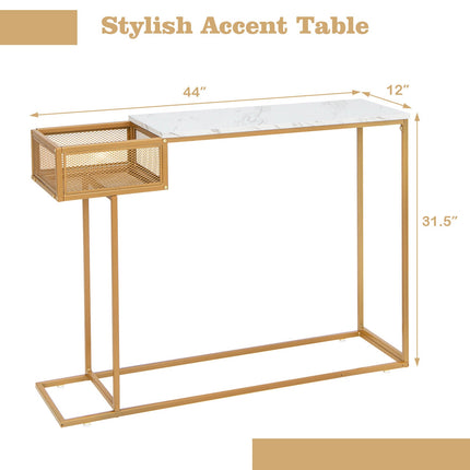 Console Table, Faux Marble Top, Storage Basket, Gold Frame