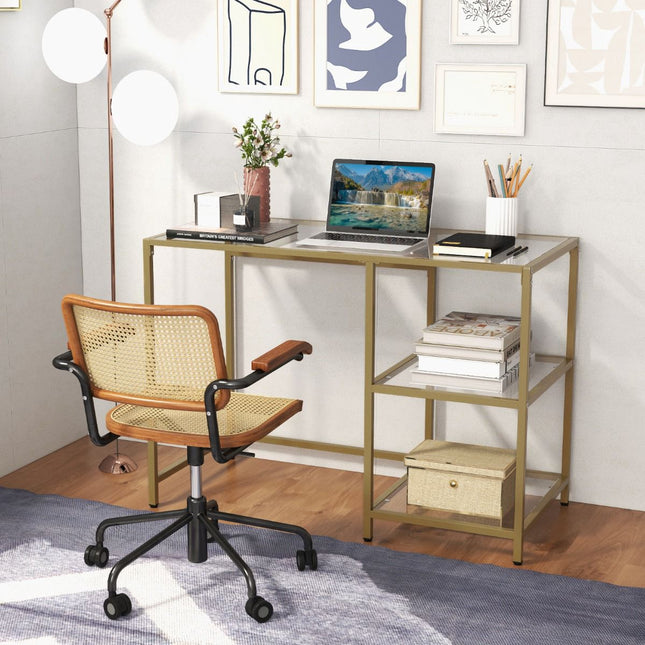 Console Table, Tempered Glass Top, 2 Shelves, Gold Frame