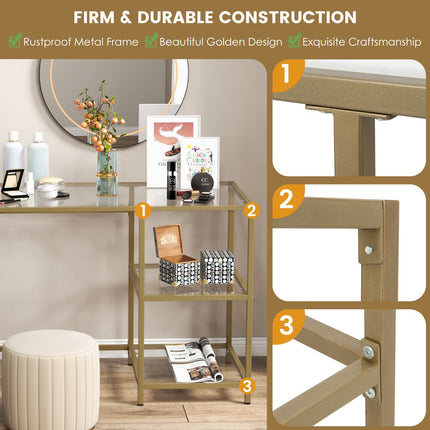 Console Table, Tempered Glass Top, 2 Shelves, Gold Frame