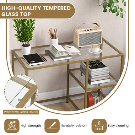 Console Table, Tempered Glass Top, 2 Shelves, Gold Frame