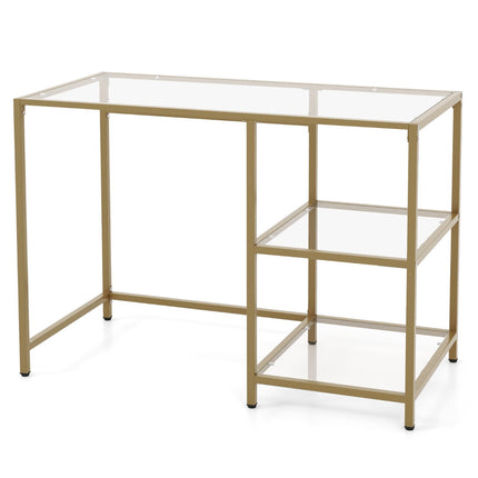 Console Table, Tempered Glass Top, 2 Shelves, Gold Frame