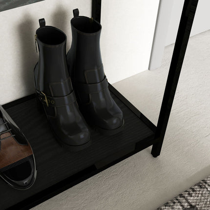 Black steel console table with glass top and 2 shelves - 100x30x78 cm