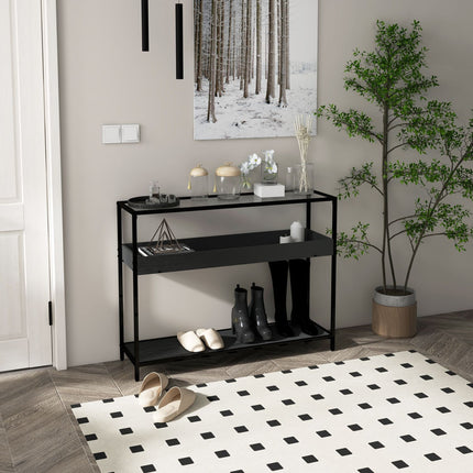 Black steel console table with glass top and 2 shelves - 100x30x78 cm
