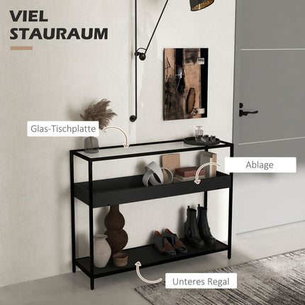 Black steel console table with glass top and 2 shelves - 100x30x78 cm