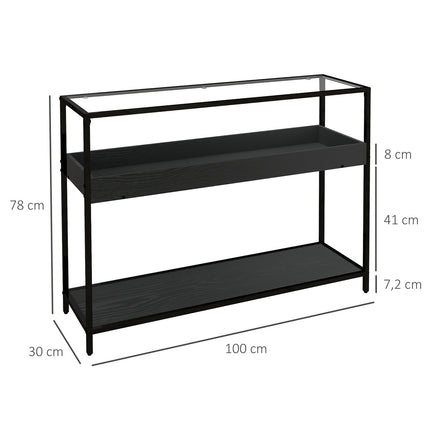 Black steel console table with glass top and 2 shelves - 100x30x78 cm