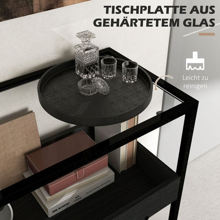 Black steel console table with glass top and 2 shelves - 100x30x78 cm
