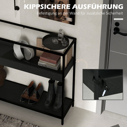 Black steel console table with glass top and 2 shelves - 100x30x78 cm