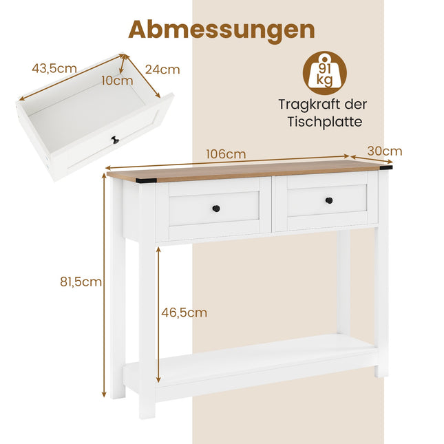 Console Table with 2 Drawers and Shelf, White, 106x30x81.5 cm