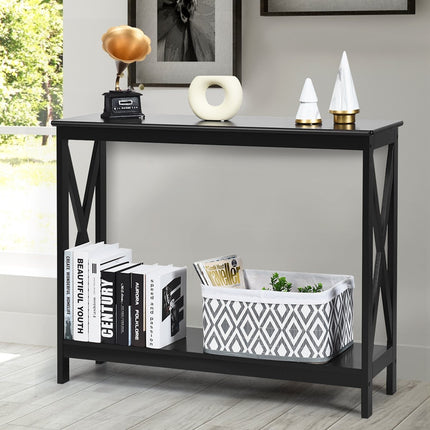 Console Table with 2 Shelves, X-Frame, Black, 100x30x80 cm