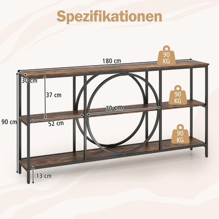Console Table with 3 Tiers – Brown Faux Wood, Metal Frame