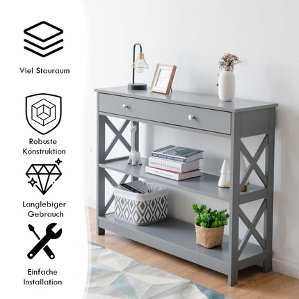 Console Table with Drawer, 3-Tier, Wood, 100x30x80 cm, Gray