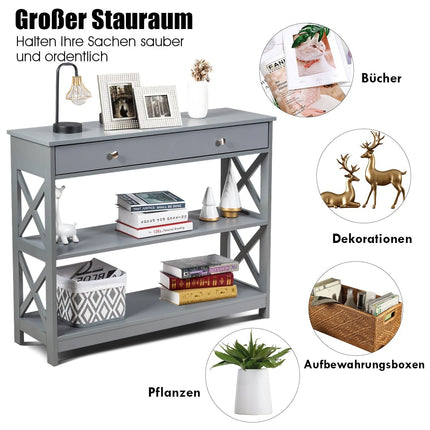 Console Table with Drawer, 3-Tier, Wood, 100x30x80 cm, Gray