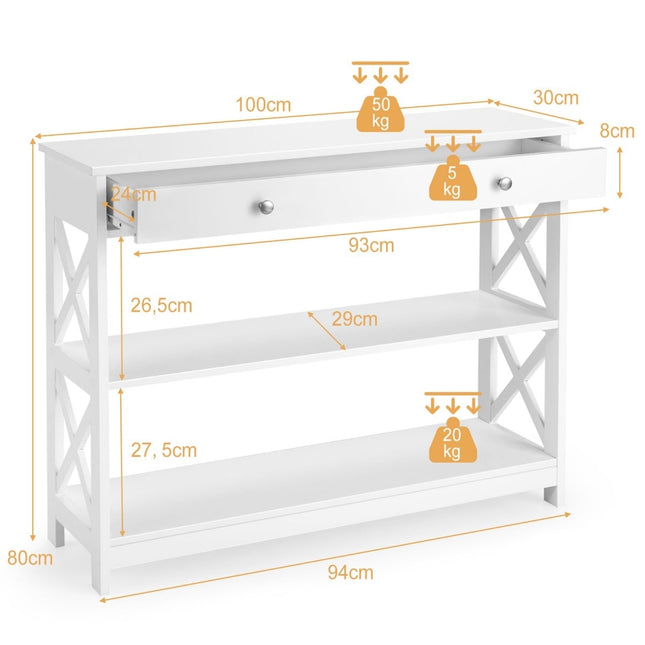 Console Table with Drawer and Shelves, White MDF, 100x30x80 cm
