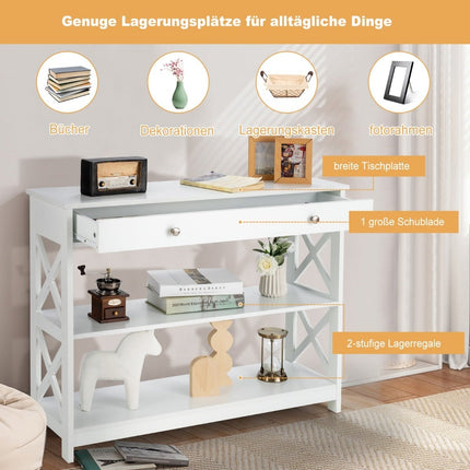 Console Table with Drawer and Shelves, White MDF, 100x30x80 cm