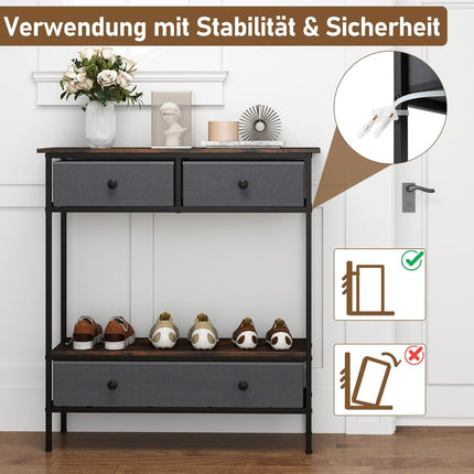 Console Table with Drawers, Rustic Brown, Metal Frame