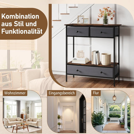 Console Table with Drawers, Rustic Brown, Metal Frame