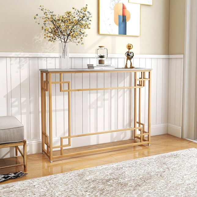 Console Table with Marble & Geometric Metal Frame Entrance Table Narrow Golden