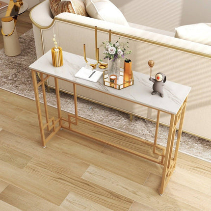 Console Table with Marble & Geometric Metal Frame Entrance Table Narrow Golden