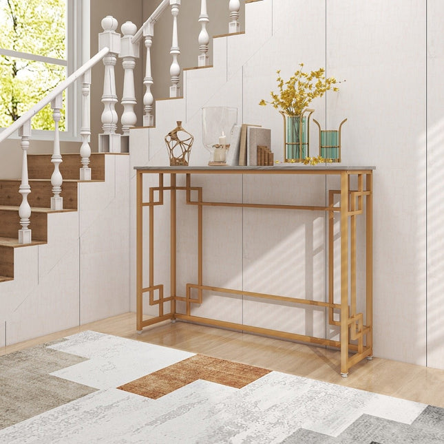 Console Table with Marble & Geometric Metal Frame Entrance Table Narrow Golden
