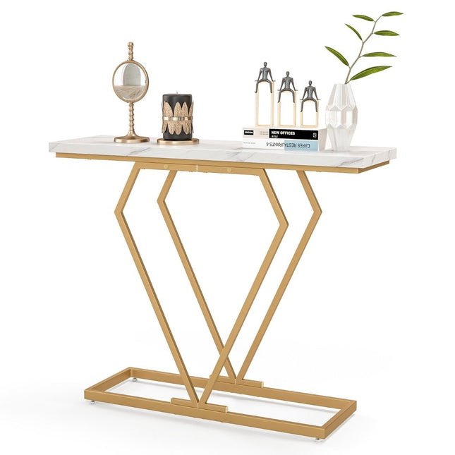 Console Table with Marble Look, Gold Frame, 100x29.5x80 cm